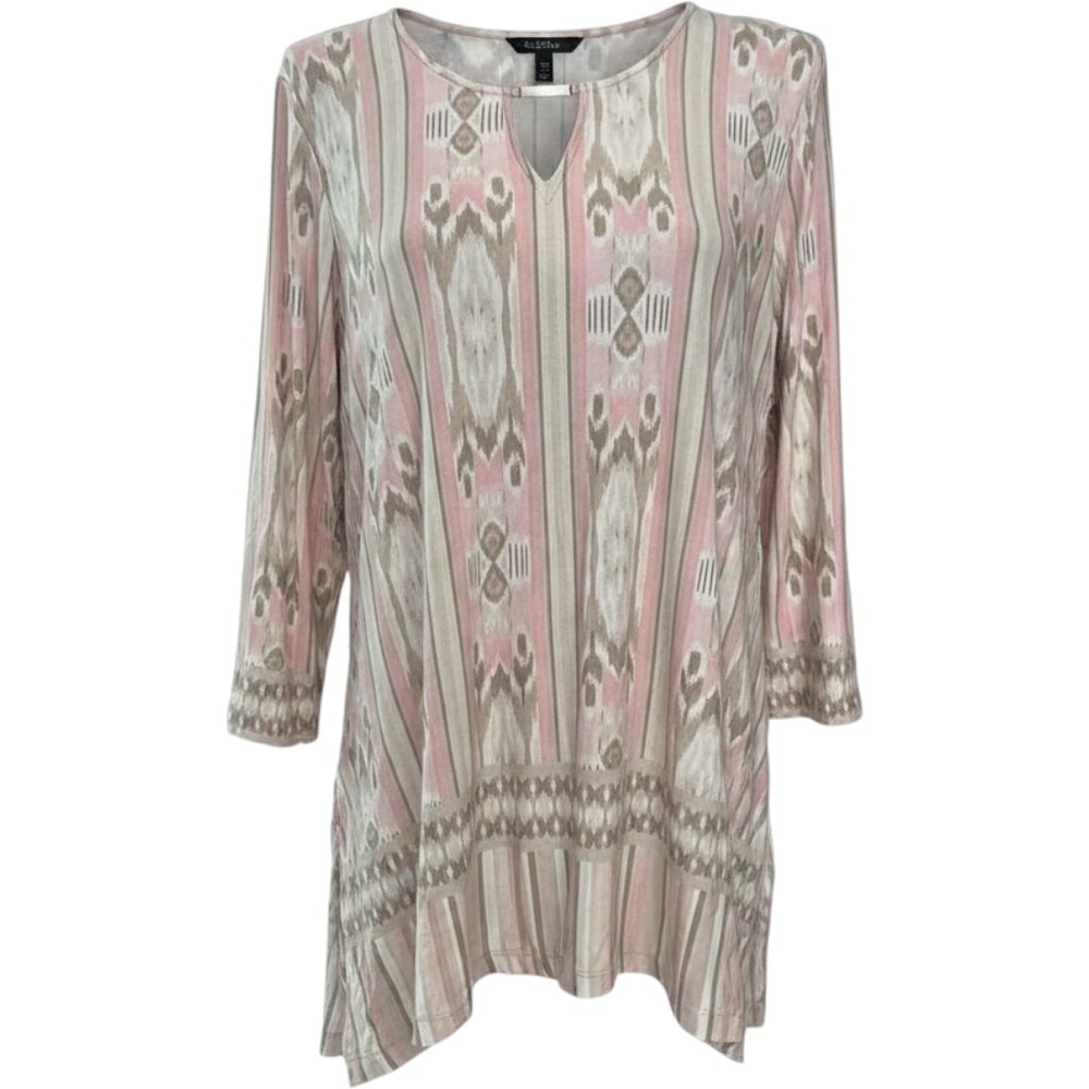 Ruby Rd Petite PL Pink Ikat Tunic Top 3/4 Sleeve Keyhole Metal Bar Sharkbite Hem